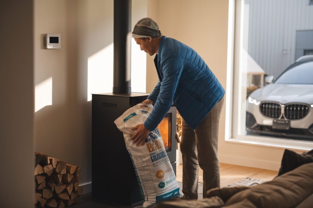 Un particulier charge des pellets dans un poêle moderne chez lui